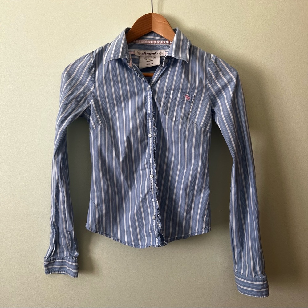 Girls Abercrombie Ruffle Button Down Striped Shirt